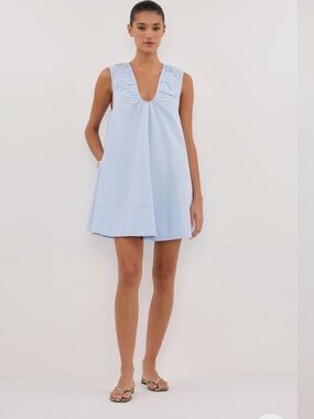 DISSH Gabby Cornflower Oversized Cotton Mini Dress- Light Blue V-Neck Sleeveles